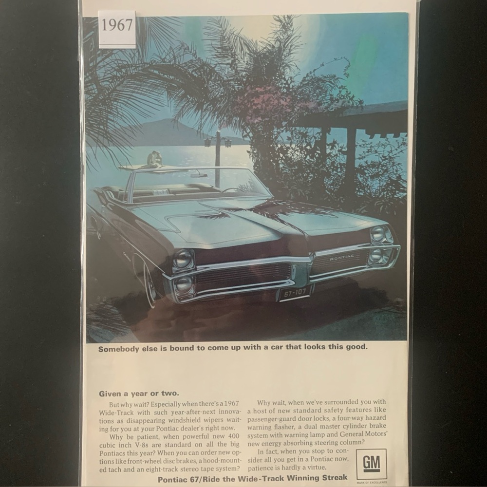 Vintage 1967 Pontiac Wide Track 400 Cubic Inches V8 Ad Advertisement
